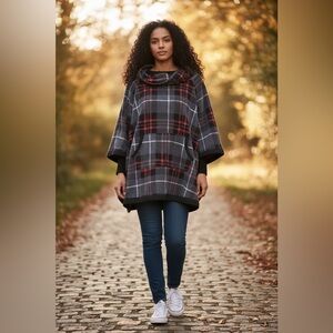 Cuddl Duds Plaid Fleece Poncho Pullover Cowl Neck Kangaroo Pocket Cozy Sweater